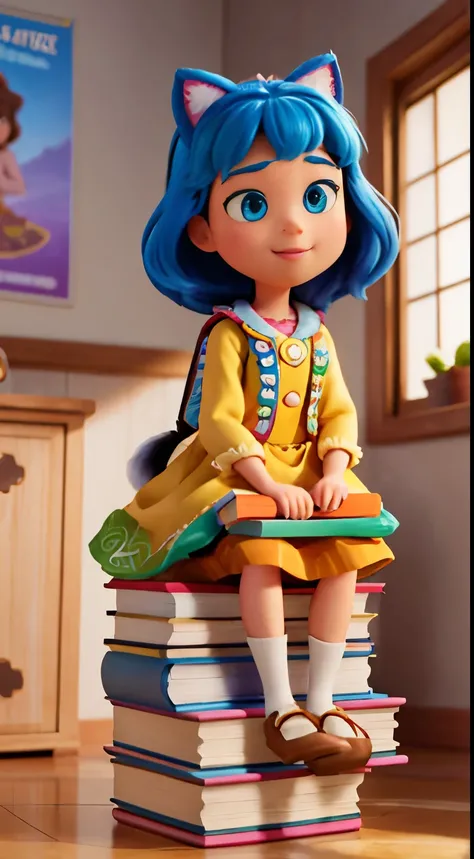 Disney Pixar Poster, A beautiful woman wearing a Girl Scout outfit stands on a stack of books with a cute cat next to her, the background is peaceful and beautiful, The atmosphere is cheerful, This image has the title "Melanie", arte disney, Disney Pixar P...