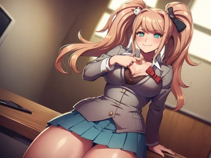 (((kipteitei art))), Masterpiece, high quality, best quality, beautiful, HD, perfect lighting, detailed face, detailed body, ultra cute face, ((1girl)), ((solo)), Monika, green eyes, very long hair, ponytail, white bow, school uniform, blazer, brown sweate...