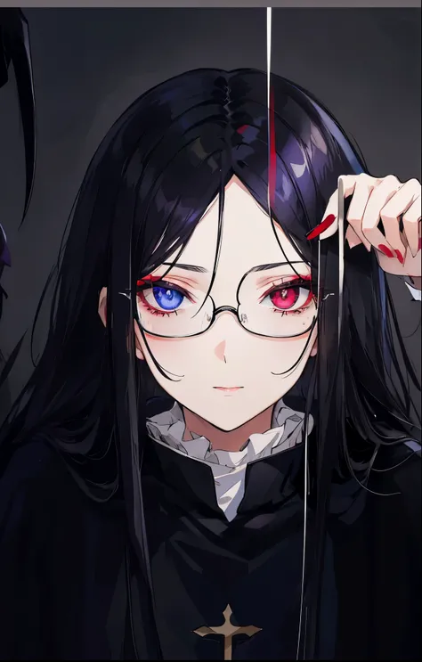 Soothing black hair，Silver-framed glasses，Beautiful brunette religious priest，Very stunning red and blue heterochromatic pupils，crow feeling，A little bit old-fashioned，Black clothes with dark purple lines