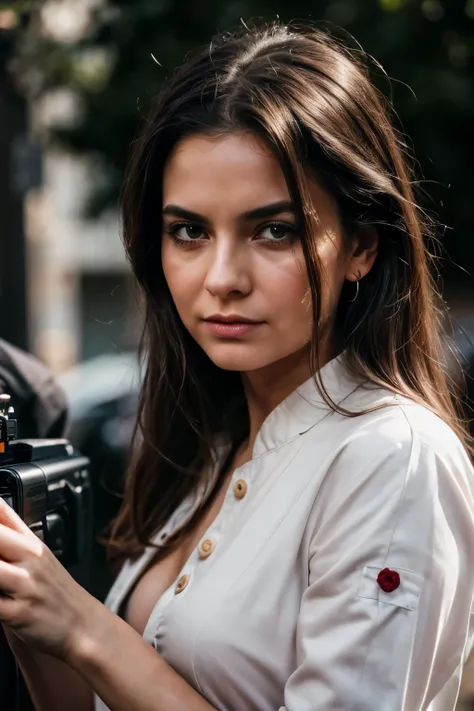 a woman is on a film set, camera is close-up, a ((red brand cinema v-raptor XL 8k camera:1.1)), shes standing on a gravel backlot, spainish surreal sunset backdrop behind, a portrait is being taken of her on set, picture is taken by Leica M camera, Hasselb...