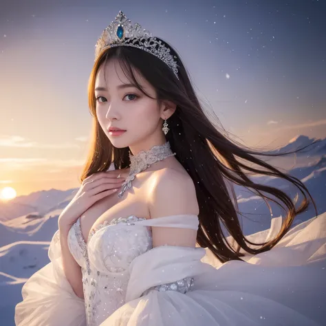 ((highest quality、table top、8K、best image quality、extremely complex and detailed depiction))、The most luxurious and highest quality giant tiara、The most luxurious and highest quality giant necklace、snow princess、fantastic snowy mountain、big and full breast...