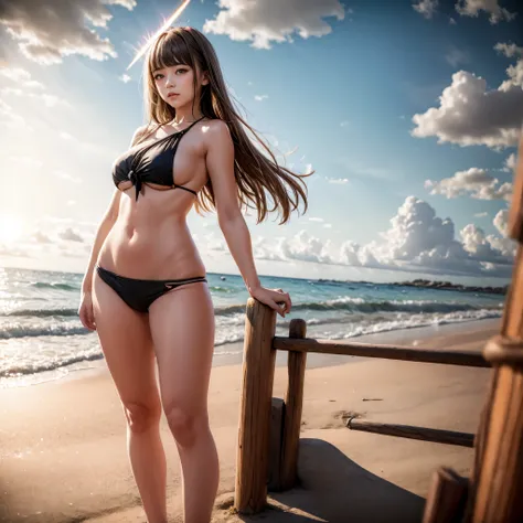 a KAWAII girl with a Halo  wearing a tiny string bikini, standing on a sandy beach, under the warm sunset light. Her eyes look captivating and mysterious, with long eyelashes and a hint of playful charm. The bikini is colorful, with vibrant patterns and in...