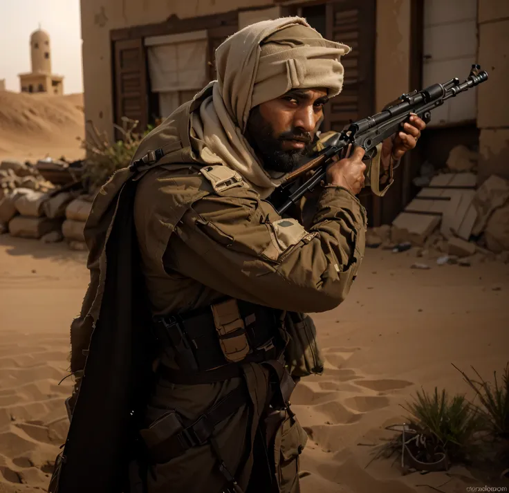 Soldado masculino, Arab face, piel oscura, Barba negra gruesa, se cubre la cabeza con un turbante, He wears typical beige and white Arab clothing., chaleco antibalas, Belt with ammunition, Lleva un rifle de francotirador, It&#39;s in a desert in the Middle...