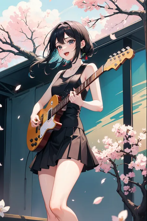 masterpiece, highest quality, high resolution,, solo, cowboy shot, On stage, have an instrument,electric guitars、 guitar, laughter, open your mouth,clean face、black hair、mini skirt、Tank top、A path lined with flourishing cherry blossom trees