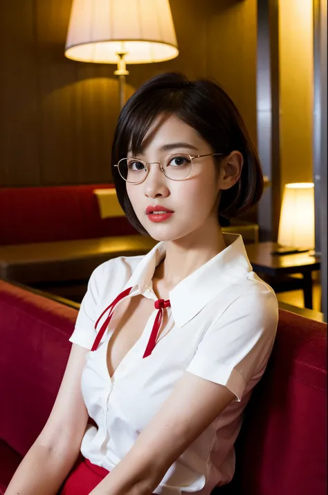 A photo of a young, nerdy woman sitting in a hotel lobby, wearing a white shirt and a bow, surrounded by a cozy atmosphere, looking at the viewer.
short hair, slender, red lips, transparent fabric, flirting with the camera, closeups cleavage, adult photo 