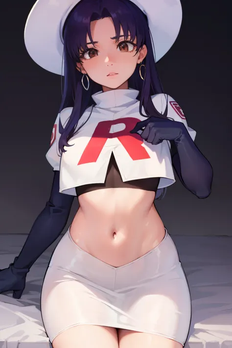 misatokatsuragi, misato katsuragi, long hair, (brown eyes:1.5), blue hair, (purple hair:1.2),
BREAK hat, jewelry, earrings, beret, red headwear, team rocket,team rocket uniform,white skirt,crop top,black thigh-highs,black elbow gloves
BREAK looking at view...