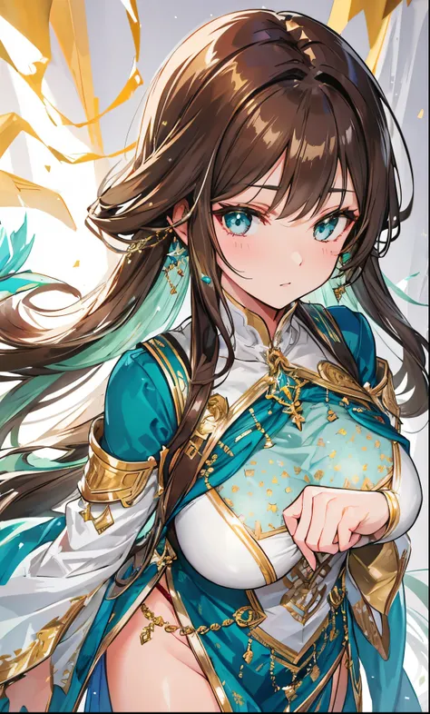 Very stunning shiny brown hair，Covered in gold and silver jewels inlaid on blue and green clothes