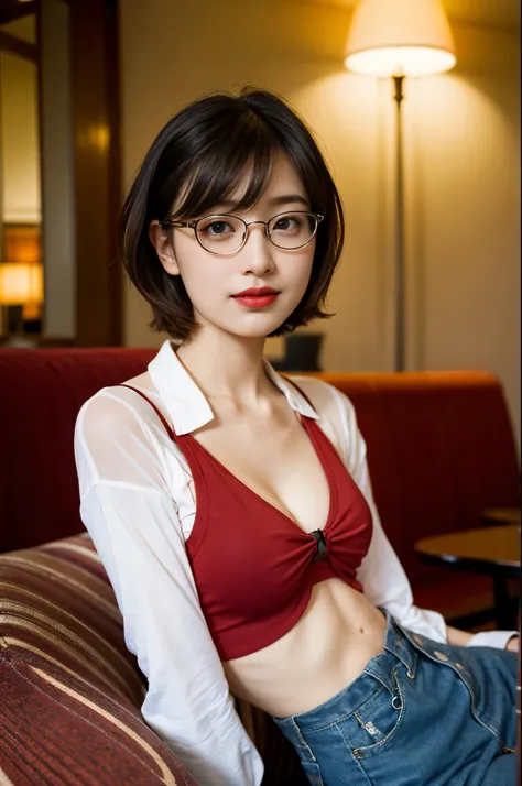 A photo of a young, nerdy woman sitting in a hotel lobby, wearing a random shirt and a bow, surrounded by a cozy atmosphere, looking at the viewer.
short hair, slender, red lips, transparent fabric, flirting with the camera, closeups cleavage, adult photo 