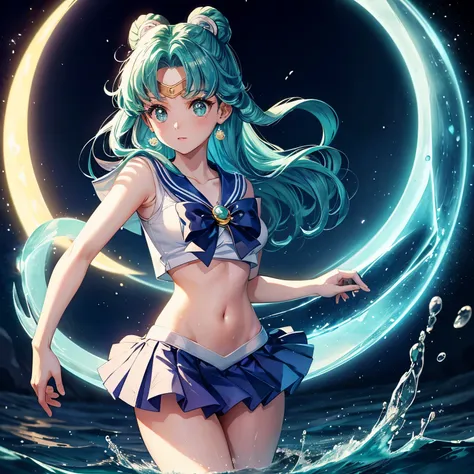 sailor moon　Sailor Neptune　Water Magic Circle　Water surrounds the body like a whirlpool　moon in background　hair on shoulders　There is no hair ornament on the head　The hairstyle is short hair　Slightly curly hair