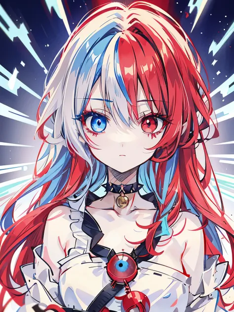 Japan anime illustrations,pale pale colors,fiery red spiky hair,hair slightly longer than the shoulders ,The ends of the hair play casually and softly.,((Odd eyes with red left eye and blue right eye:1.5)),((Odd eyes in two colors: red and blue:1.4)),beaut...