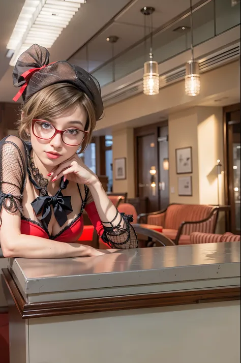 A photo of a young, nerdy woman sitting in a hotel lobby, wearing a random shirt and a bow, surrounded by a cozy atmosphere, looking at the viewer.
short hair, slender, red lips, transparent fabric, flirting with the camera, closeups cleavage, adult photo 