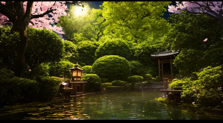 rain, mist, water, splashing, drop shadow,rain, Create a traditional Japanese garden scene, featuring a pond, meticulously groomed plants and Sakura trees.