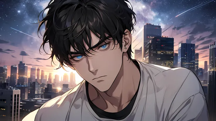 In the night time，big city, crowded, there is 21 years old handsome guy，White T-shirt，black long pants，A gentle face，A dark-haired、sad face, frown, Eyes drawn in detail、a handsome、Inside the city、starrysky、Mystical light、dramatic light、Cinematic power、deta...