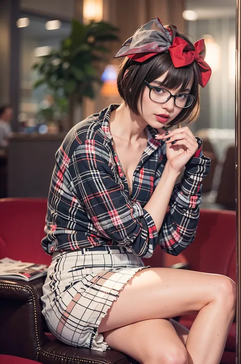 A photo of a young, nerdy woman sitting in a hotel lobby, wearing a random shirt and a bow, surrounded by a cozy atmosphere, looking at the viewer.
short hair, slender, red lips, transparent fabric, flirting with the camera, closeups cleavage, adult photo 