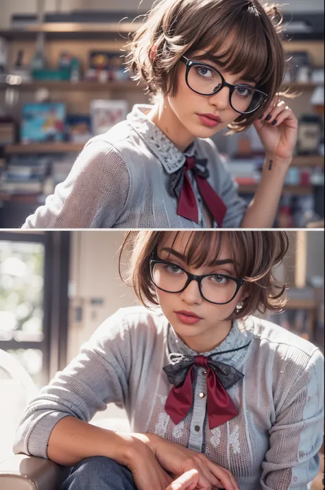 A photo of a young, nerdy woman sitting in random places, wearing a random shirt and a bow, surrounded by a cozy atmosphere, looking at the viewer.
short hair, slender, red lips, transparent fabric, flirting with the camera, closeups cleavage, adult photo 