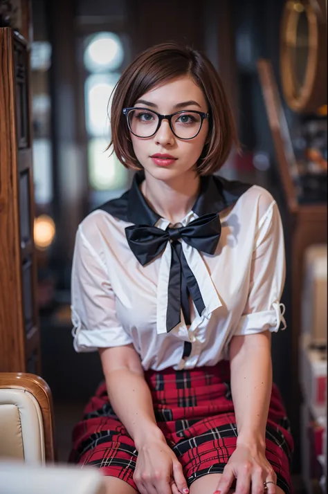 A photo of a young, nerdy woman sitting in random places, wearing a random shirt and a bow, surrounded by a cozy atmosphere, looking at the viewer.
short hair, slender, red lips, transparent fabric, flirting with the camera, closeups cleavage, adult photo 