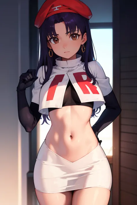 misatokatsuragi, misato katsuragi, long hair, (brown eyes:1.5), blue hair, (purple hair:1.2),
BREAK hat, jewelry, earrings, beret, red headwear, team rocket,team rocket uniform,white skirt,crop top,black thigh-highs,black elbow gloves
BREAK looking at view...