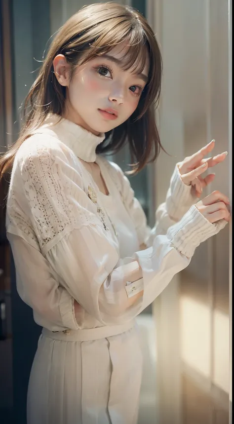 ​masterpiece、Top image quality:1.2、((beautiful young woman with))、Transparent skin:1.2、{A slight smil}、(kawaii)、Short sleeve knit、luxury hotel、depth of fields