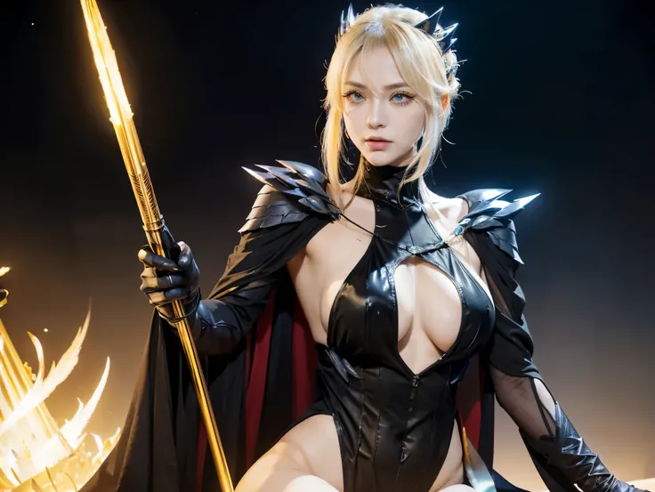 Artoria Pendragon、Lancer Alter、spear alter、Artoria Pendragon, Supervillains、elegant adult woman、blonde, golden eyes, (yellow eyelashes)、No sleeve、A leotard made of black rubber material that shows the lower breasts.、elbow bag、