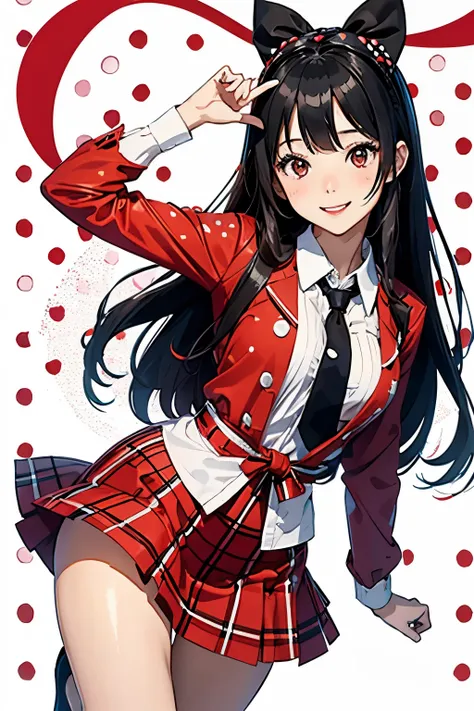 Japanese anime character、full body portrait、Beautiful woman in a cute costume、smile、black hair、red lipstick、black eye、She wears a red ribbon with white polka dots on her head、wearing a shirt and tie,The background is pop and cute..、long shot、Wearing a plai...