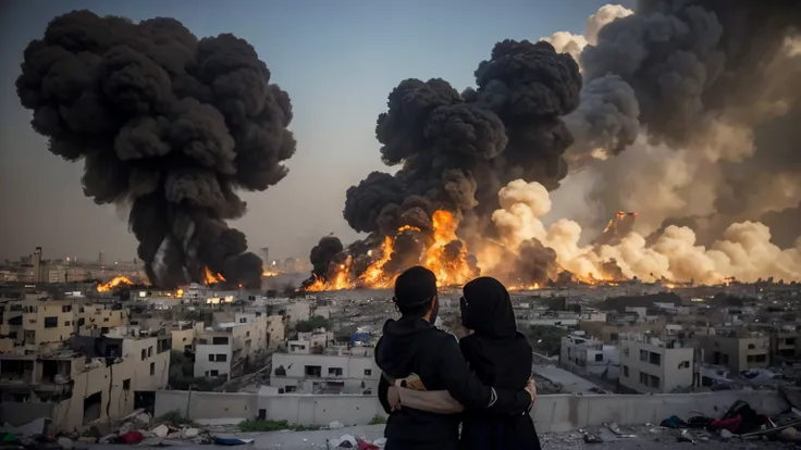 (best quality, realistic),palestinian people with their homes on fire and destroyed,Palestinians in Gaza Strip,families fleeing violence and seeking refuge,war-torn streets and buildings,smoke and debris filling the air,palestinian children crying and scar...