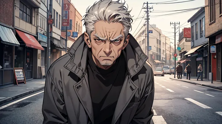 An old man，wrinkle on face, gray hair, detailed eyes, detailed face, detailed nose, Standing on the side of the road in town with an angry expression（Open mouth 1.5）（Rage 1.5）（The background is on the roadside of town：1.5），Anime style 4K，Anime rendering，st...