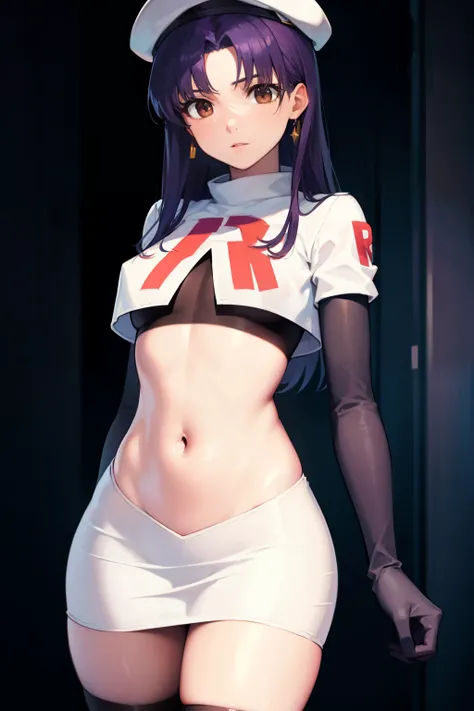 misatokatsuragi, misato katsuragi, long hair, (brown eyes:1.5), blue hair, (purple hair:1.2),
BREAK hat, jewelry, earrings, beret, red headwear, team rocket,team rocket uniform,white skirt,crop top,black thigh-highs,black elbow gloves
BREAK looking at view...