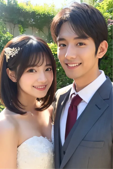 highest quality、8K、32K、high resolution、((Super realistic))、detailed、masterpiece、超high resolution、Japanese、(Couple photo of 25 year old woman and 32 year old man)、bob hair、same height、(wedding style)、Wedding dress、smile、Beautiful hair、beautiful skin、beautif...