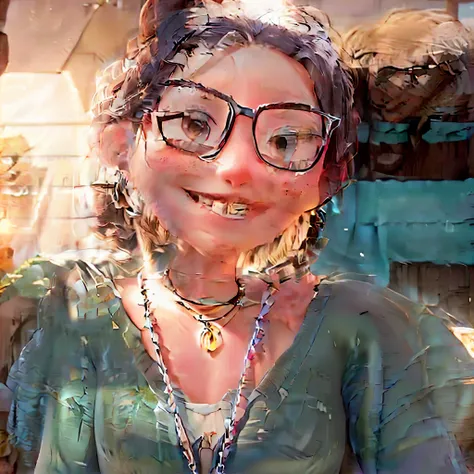 smiling woman with glasses and a necklace sitting outside