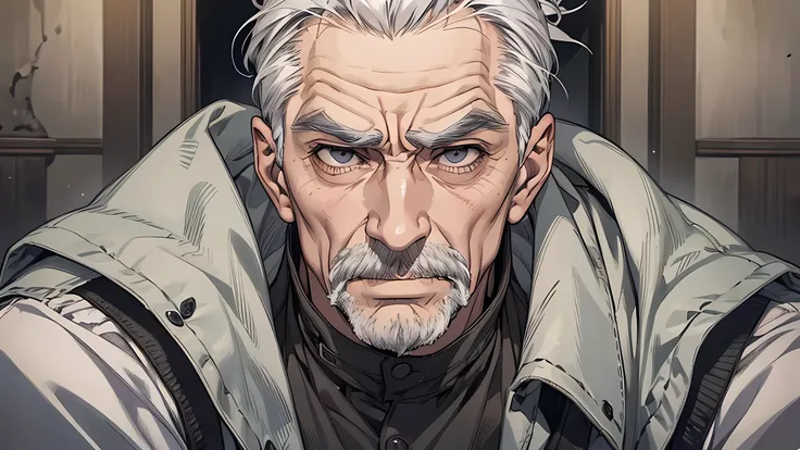 An old man with gray hair，Sneering expression，disdain, An old man，wrinkle on face, gray hair, detailed eyes, detailed face, detailed nose, disgusting face, perverted, talking something, open mouth, My father narrowed his brows. his expression was incredibl...