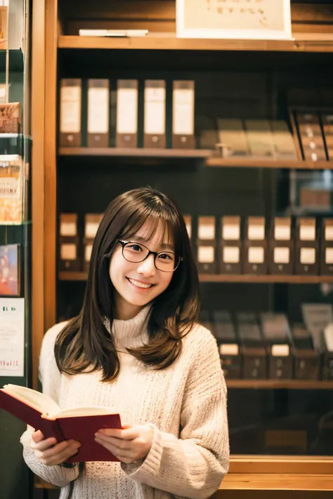 reading a book、Japanese、woman、32 years old、smile、long hair、glasses、Otaku、long sleeve、coffee shop