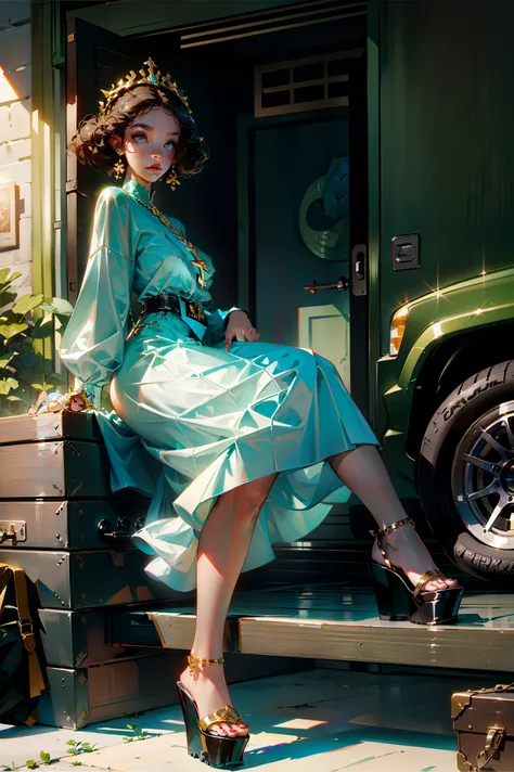 A beautiful female CEO，A little obese，Platinum round toe platform shoes，Behind is a luxury off-road vehicle，navel-baring outfit，cross legs，The door is open， She is holding a leather bag，Wear leather shorts, A modern gold luxury headpiece. Her hair was long...