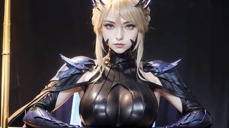 Artoria Pendragon、Lancer Alter、spear alter、Artoria Pendragon, Artoria Pendragon(lancer alter)、beautiful face, lancer alter、1 girl,Supervillains、elegant adult woman、blonde, golden eyes, (yellow eyelashes)、(Dark hair, big breasts, slim, wide thighs)No sleeve...