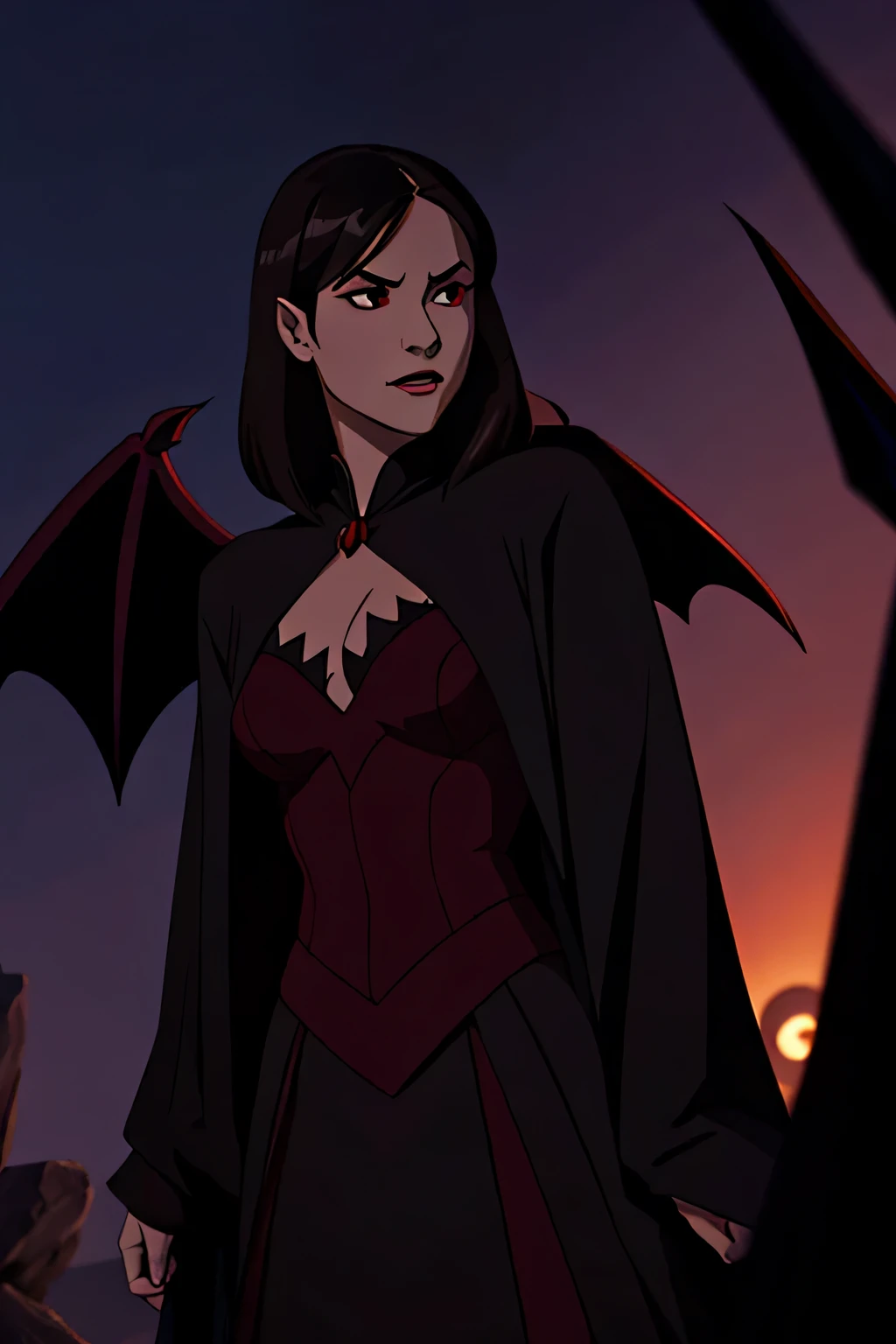 vampire woman with dark wings in the darkness in the middle of the forest