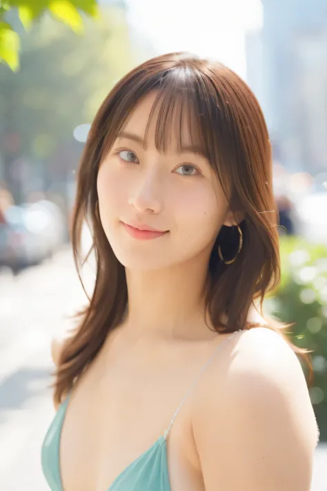 ((highest quality、8K resolution、master masterpiece、portrait:1.3)), Photoreal, 35mm film, 1 Japanese female,Beautiful woman, On the street in the daytime, wrinkles around the eyes, plump body,smile,((micro bikini:1.3)) , (city street: 1.3), jumbled backgrou...