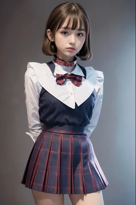 (8x_NMKD-Superscale_150000_G),(8K, Super high quality,highest quality),(masterpiece:1.5),(girls),(18 years old),(arms behind back:1.5),(iron collar:1.5),red leather collar,plaid bow tie,white shirt,pleated mini skirt,dark blue long socks