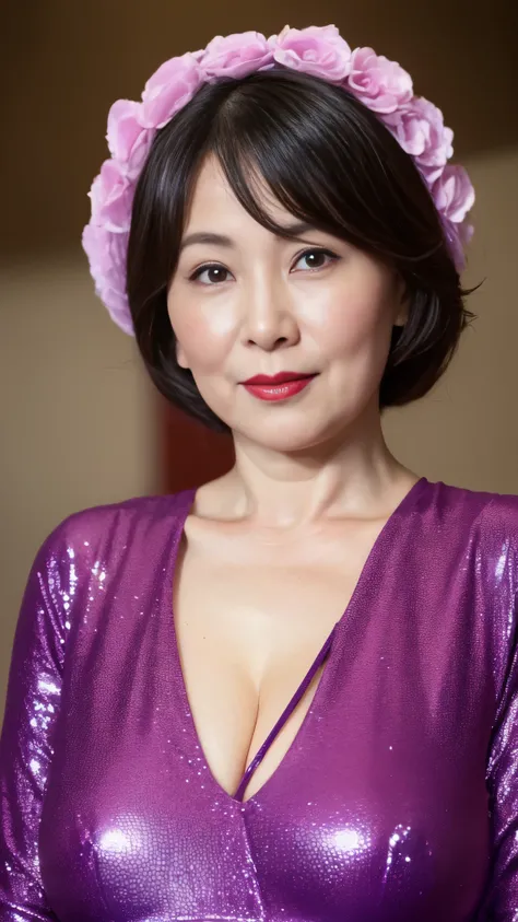 (((Auntie))):1.3, gravure, describe the lips correctly, red lipstick, The chest is abnormally large, purple latex figure, Elderly Mature Woman, Mature Woman, flashy face, highest quality, Super high quality, realistic, super dense skin, perfect description...