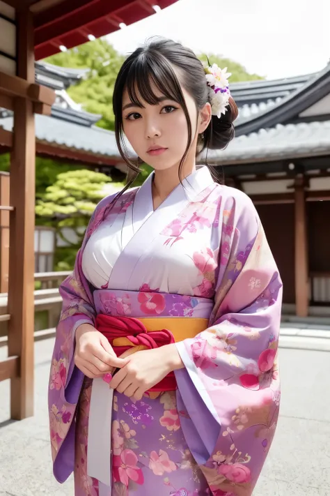 （super highest quality、In 8K、Masseter muscle part、delicate illustrations）、she is a very beautiful japanese housewife.（Around 30 years old）、Odango hairstyle（with hair ornament）、perfect body shape、（Japanese luxury kimono 1.1）、Outside the shrine of Japan、