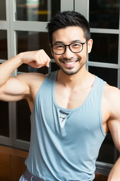 doing muscle training、Japanese、male、32 years old、smile、short hair、glasses、Tank top、office work