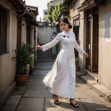 Drawing of a girl wearing a traditional Vietnamese ao dai dancing