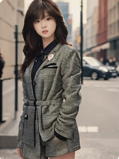  picture perfect face, ８k、２０age、Long wavy reddish brown hair、Houndstooth pattern mini suit、Black heels、Are standing、J-cup bust、Clothes with open front、glossy lips、big eyes