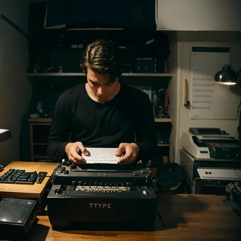 A man typing a letter with a type machine in hes room 