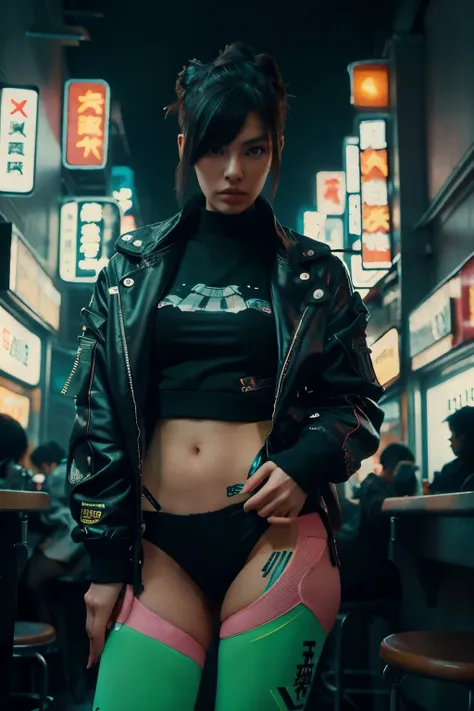 16K, Realistic photographic image, Masterpiece, Shot with a SLR camera, Canon, aperture 1.8, Hyperrealism, 1 girl in the frame, Chinese girl, similar to Linda Evangelista in her youth, futuristic image, cyberpunk style, dark hair in a tight bun , She stand...