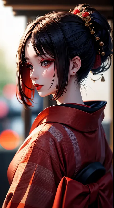 Woman, 30 years, kimono, makeup, red lips, seductive,  depth of field, motion blur, from behind, bokeh, UHD, masterpiece, textured skin, super detail, high quality