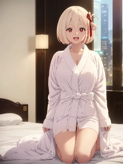 best image quality、high quality、18-year-old、1 girl, masterpiece, 最high quality、(((hotel room)))、Rooms in high-rise apartments、Bedroom、Night view from the window、midnight、Western-style interior,((valley))、(((bathrobe)))、(((Enlarge the subject)))、Upper body、...