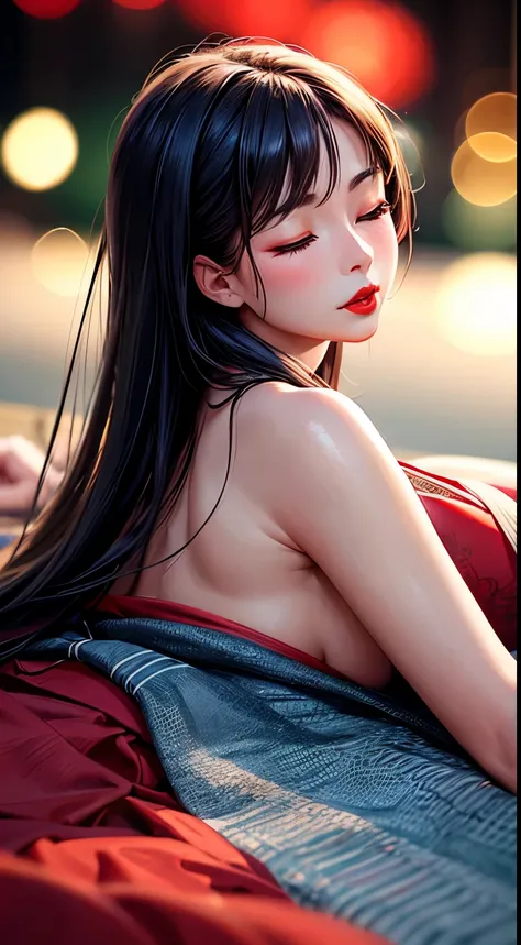 Woman, 30 years, kimono, red lips, closed eyes, seductive, lying down, depth of field, motion blur, from behind, bokeh, UHD, masterpiece, textured skin, super detail, high quality