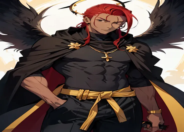 a man with red hair and a cape is standing in front of a sun, handsome guy in demon slayer art, beautiful male god of death, beautiful androgynous prince, inspired in kris from deltarrune, in dark robes with gold accents, archangel, male anime character, b...