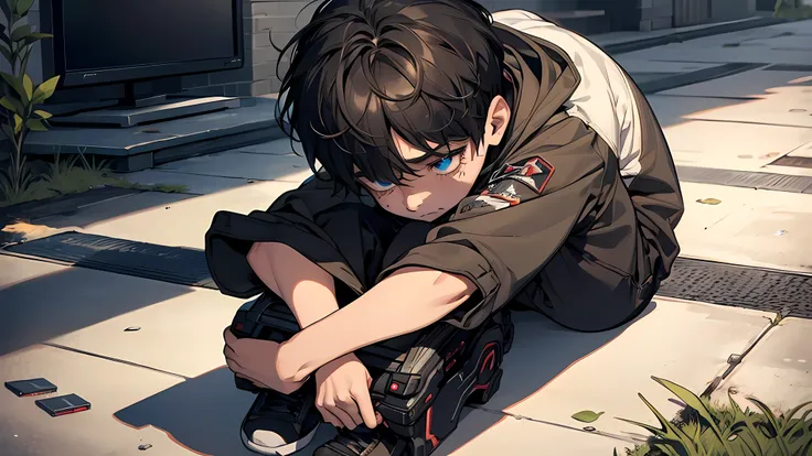 The kid boy sat on the ground, buried his head in his knees and cried，Holding a game console in his hand, detailed face, detailed eyes, detailed nose