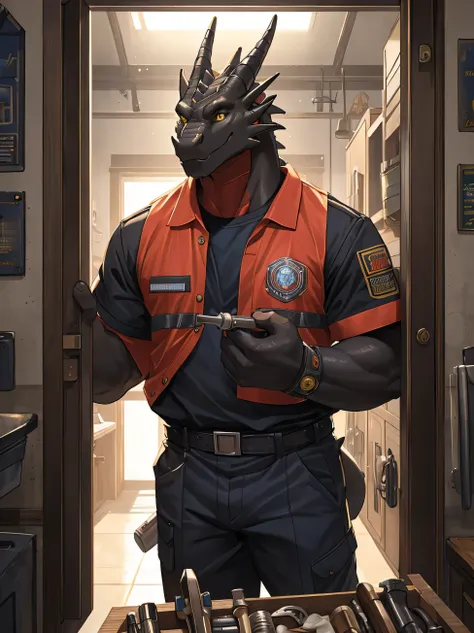 furry,red-black skin dragon,man,neon yellow eyes(Realistic eye detail)handsome face.,voluptuous,smile at the corner of your mouth.,strong,Enter the plumber.&#39;uniform s(Realistic costumes),perfect anatomy,Realistic anatomy,Left hand holds tool box 1.2,st...