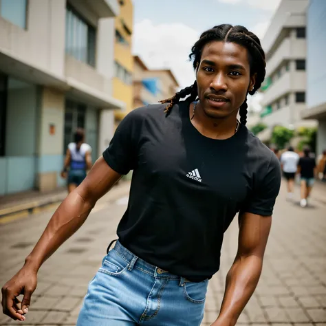 A black man, light black skin, normal body, with a black t-shirt and a blue jeans, walking on the streets of Brasilia-Df-Brazil, braid, brown hair, happy, Realism, Fujicolor, perspective, close-up, UHD, high quality, high details, super detail, highres